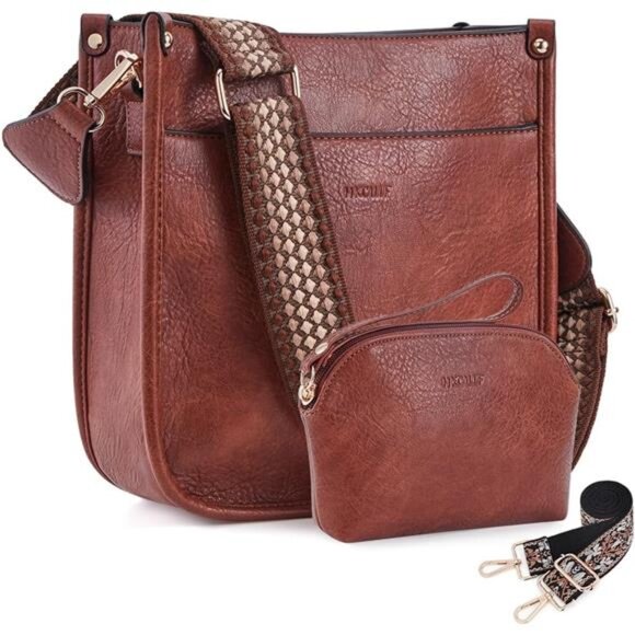 Women's Leather Crossbody Bag Set - Hobo Purse With Guitar Strap & Matching Wallet, 2-Piece